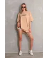 kadın Bisiklet Yaka Baskılı Oversize Kısa kol T-Shirt - Bej