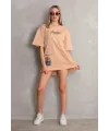 kadın Bisiklet Yaka Baskılı Oversize Kısa kol T-Shirt - Bej