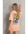 kadın Bisiklet Yaka Baskılı Oversize Kısa kol T-Shirt - Bej