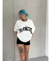 kadın Bisiklet Yaka Baskılı Oversize  Kısa kol T-Shirt - Beyaz