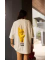 Kadın Bisiklet Yaka Baskılı Oversize  Kısa kol T-Shirt - Beyaz