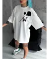 kadın Bisiklet Yaka Baskılı Oversize  Kısa kol T-Shirt - Beyaz