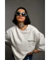 kadın Bisiklet Yaka Baskılı Oversize Kısa kol  T-Shirt - Beyaz