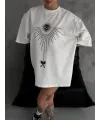 kadın Bisiklet Yaka Baskılı Oversize  Kısa kol T-Shirt - Beyaz