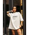 kadın Bisiklet Yaka Baskılı Oversize  Kısa kol T-Shirt - Beyaz
