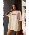 Kadın Bisiklet Yaka Baskılı Oversize  Kısa kol T-Shirt - Beyaz