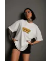 kadın Bisiklet Yaka Baskılı Oversize Kısa kol  T-Shirt - Beyaz
