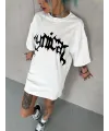 kadın Bisiklet Yaka Baskılı Oversize  Kısa kol T-Shirt - Beyaz