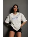 kadın Bisiklet Yaka Baskılı Oversize Kısa kol  T-Shirt - Beyaz