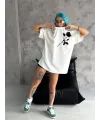 kadın Bisiklet Yaka Baskılı Oversize  Kısa kol T-Shirt - Beyaz