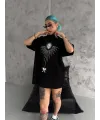 kadın Bisiklet Yaka Baskılı Oversize  Kısa kol T-Shirt - Siyah