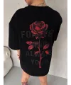 kadın Bisiklet Yaka Baskılı Oversize  Kısa kol T-Shirt - Siyah