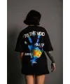 kadın Bisiklet Yaka Baskılı Oversize Kısa kol T-Shirt - Siyah