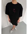 kadın Bisiklet Yaka Baskılı Oversize  Kısa kol T-Shirt - Siyah