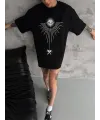 kadın Bisiklet Yaka Baskılı Oversize  Kısa kol T-Shirt - Siyah