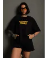 kadın Bisiklet Yaka Baskılı Oversize  Kısa kol T-Shirt - Siyah