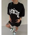 kadın Bisiklet Yaka Baskılı Oversize Kısa kol  T-Shirt - Siyah