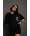 kadın Bisiklet Yaka Baskılı Oversize Kısa kol T-Shirt - Siyah