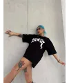 kadın Bisiklet Yaka Baskılı Oversize Kısa kol  T-Shirt - Siyah