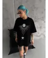 kadın Bisiklet Yaka Baskılı Oversize  Kısa kol T-Shirt - Siyah