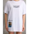 kadın Bisiklet Yaka Baskılı Oversize T-Shirt - Beyaz
