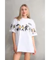 kadın Bisiklet Yaka Baskılı Oversize T-Shirt - Beyaz