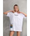 kadın Bisiklet Yaka Baskılı Oversize T-Shirt - Beyaz