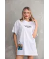 kadın Bisiklet Yaka Baskılı Oversize T-Shirt - Beyaz