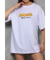 kadın Bisiklet Yaka Baskılı Oversize T-Shirt - Beyaz