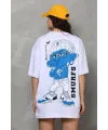 kadın Bisiklet Yaka Baskılı Oversize T-Shirt - Beyaz