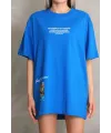 kadın Bisiklet Yaka Baskılı Oversize T-Shirt - Mavi