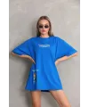 kadın Bisiklet Yaka Baskılı Oversize T-Shirt - Mavi