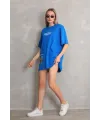 kadın Bisiklet Yaka Baskılı Oversize T-Shirt - Mavi