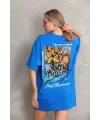 kadın Bisiklet Yaka Baskılı Oversize T-Shirt - Mavi
