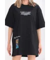 kadın  Bisiklet Yaka Baskılı Oversize T-Shirt - Siyah