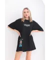 kadın  Bisiklet Yaka Baskılı Oversize T-Shirt - Siyah