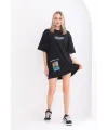 kadın  Bisiklet Yaka Baskılı Oversize T-Shirt - Siyah