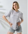 Kadın Bisiklet Yaka Baskılı Slim Fit T-Shirt - Boyalı Gri