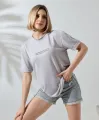 Kadın Bisiklet Yaka Baskılı Slim Fit T-Shirt - Boyalı Gri