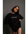 Kadın Bisiklet Yakalı Sırt Baskılı Oversize Kısa kol T-Shirt - Siyah