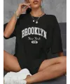 Kadın Brooklyn Baskılı Tişört Kısa Kol Bisiklet Yaka Oversize T-Shirt - Siyah