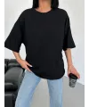 Kadın Düz T-Shirt Kısa Kol Bisiklet Yaka Oversize Tişört - Siyah