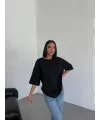 Kadın Düz T-Shirt Kısa Kol Bisiklet Yaka Oversize Tişört - Siyah