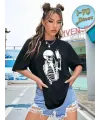Kadın iskelet Baskılı T-Shirt Kısa Kol Bisiklet Yaka Oversize Tişört - Siyah