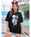 Kadın iskelet Baskılı T-Shirt Kısa Kol Bisiklet Yaka Oversize Tişört - Siyah