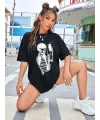 Kadın iskelet Baskılı T-Shirt Kısa Kol Bisiklet Yaka Oversize Tişört - Siyah