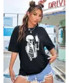 Kadın iskelet Baskılı T-Shirt Kısa Kol Bisiklet Yaka Oversize Tişört - Siyah