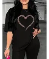 Kadın Kalp Baskılı T-Shirt Kısa Kol Bisiklet Yaka Oversize Tişört - Siyah