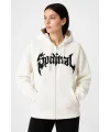 Kadın Kapüşonlu 3 İplik Pamuklu Önü Baskılı Fermuarlı Oversize Hoodie Sweatshirt - Beyaz