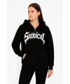 Kadın Kapüşonlu 3 İplik Şardonlu Önü Baskılı Fermuarlı Oversize Sweatshirt - Siyah